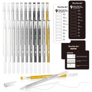 Shuttle Art Colored Pens, 24 Blue & Green Tone Colors Cute Journal Pens 0.6mm Fine Point Colored Gel Pens for Black Paper Adult Coloring Writing Drawing Journaling Note Taking School Office Home(22 Black White Gray & Metallic Tone)