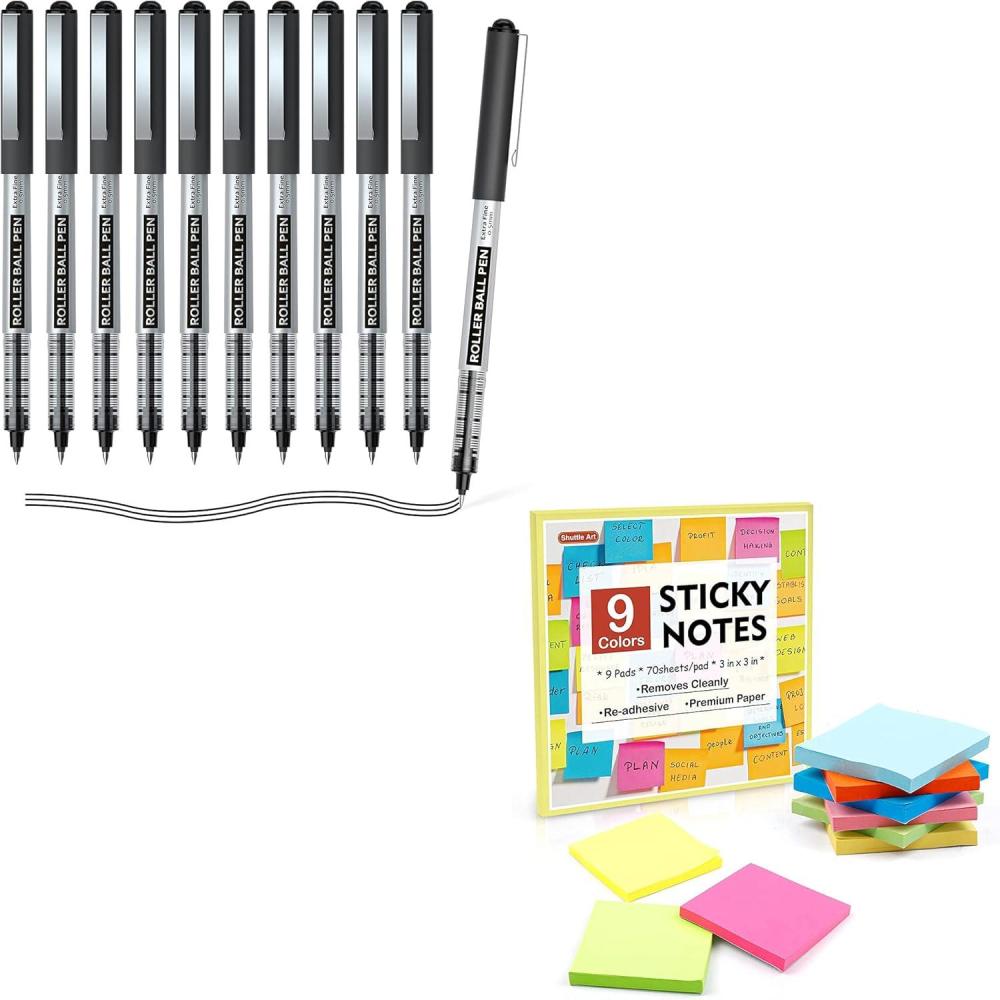 imageShuttle Art School ampamp Work Supplies Bundle 10 Black Liquid Ink Rollerball Pens  9 Bright Colors Sticky Notes for Writing Journaling Taking Notes School Office Home