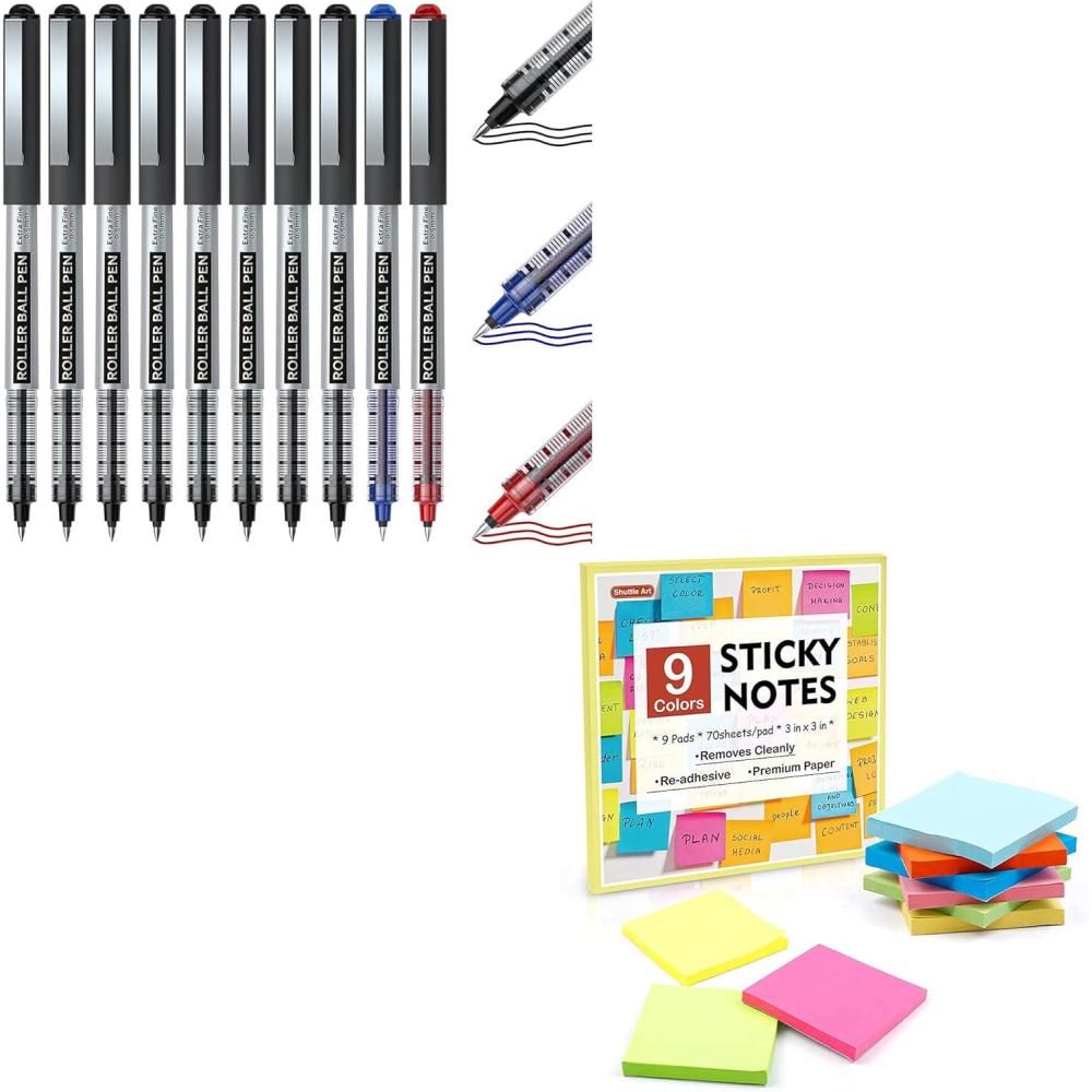 imageShuttle Art School ampamp Work Supplies Bundle 10 Pack 8 black 1 blue 1 red Liquid Ink Rollerball Pens  9 Bright Colors Sticky Notes for Writing Journaling Taking Notes School Office Home