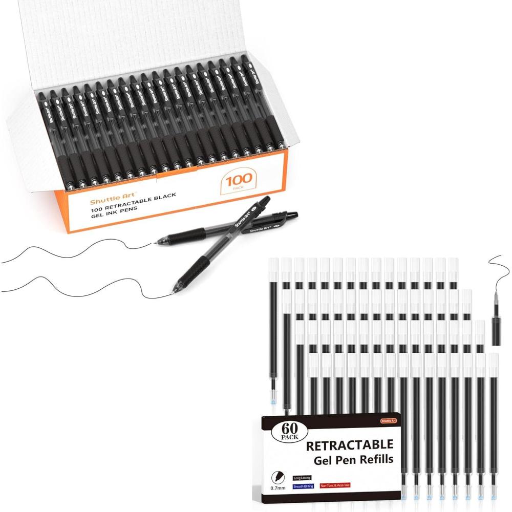 imageShuttle Art School ampamp Work Supplies Bundle 100 Pack Black Retractable Gel Pens 60 Pack Black Retractable Gel Pen Refills 07mm Fine Point for Writing Journaling Taking Notes School Office Home