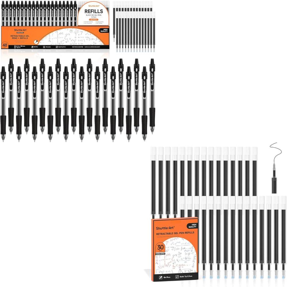imageShuttle Art School ampamp Work Supplies Bundle 48 Pack Black Retractable Gel Pens 30 Pack Black Retractable Gel Pen Refills 07mm Fine Point for Writing Journaling Taking Notes School Office Home