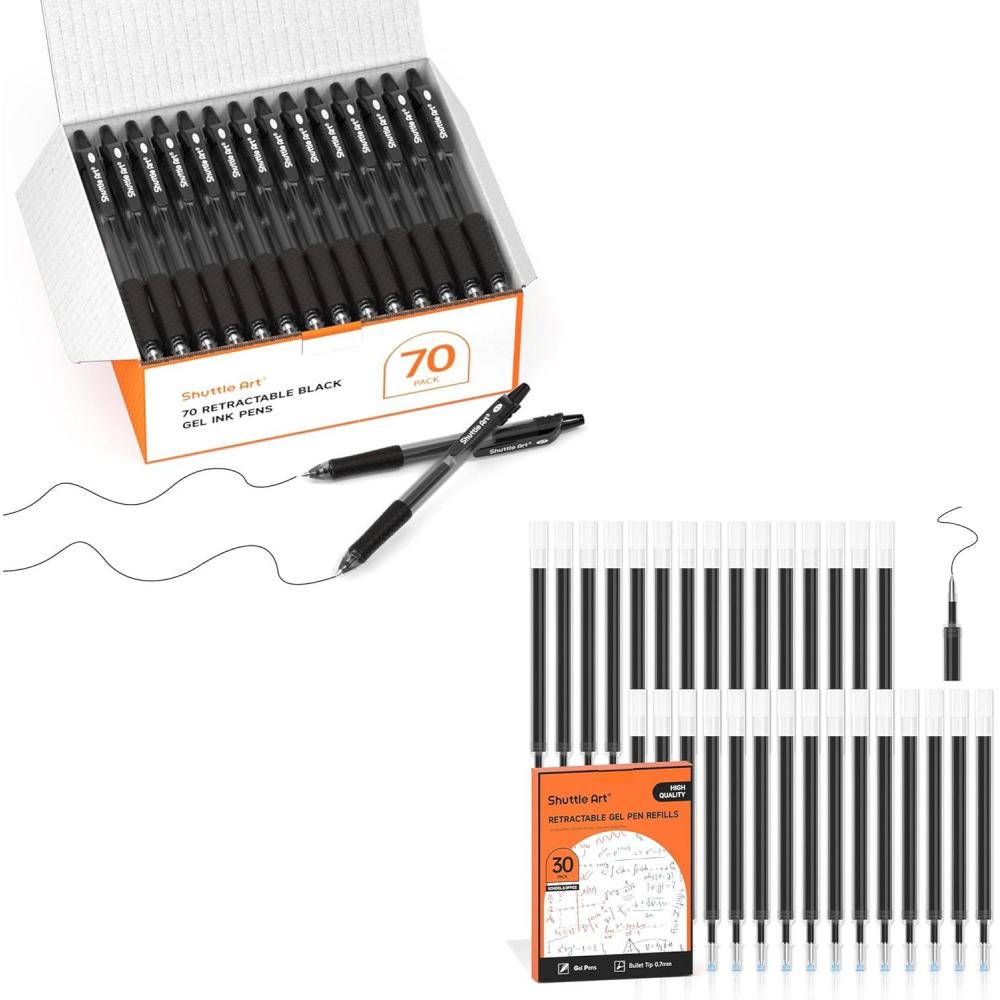 imageShuttle Art School ampamp Work Supplies Bundle 70 Pack Black Retractable Gel Pens 30 Pack Black Retractable Gel Pen Refills 07mm Fine Point for Writing Journaling Taking Notes School Office Home