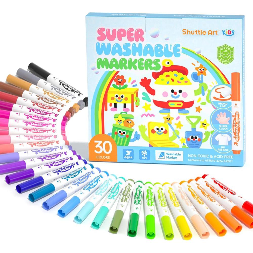 imageShuttle Art Super Washable Markers 30 Colors Broad Line Conical Tip Markers for Kids Ultra Clean Coloring Book Marker Set Home Classroom School Supplies for Toddlers Kids Adults Students Teachers