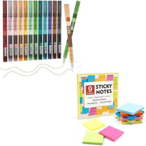 Shuttle Art School Work & Home Supplies Bundle, 12 Vintage Colors 0.5mm Liquid Ink Rollerball Pens + 9 Colors Sticky Notes for Writing Journaling Taking Notes School Office Home