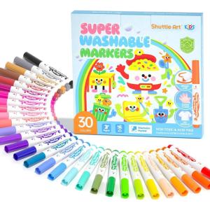 Shuttle Art Super Washable Markers, 30 Colors Broad Line Conical Tip Markers for Kids, Ultra Clean Coloring Book Marker Set, Home Classroom School Supplies for Toddlers Kids Adults Students Teachers