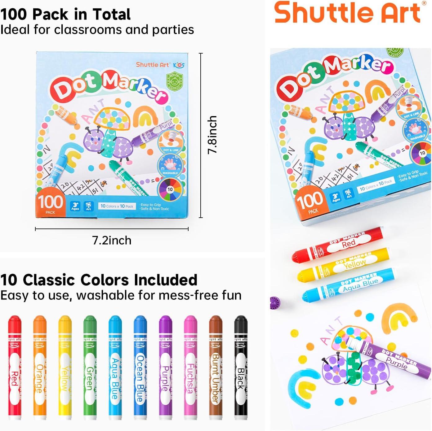 imageShuttle Art 100 Pack Dot Markers 10 Colors x 10 Sets Washable Bingo Daubers Fun Art Supplies for Kids and Preschoolers Non Toxic WaterBased