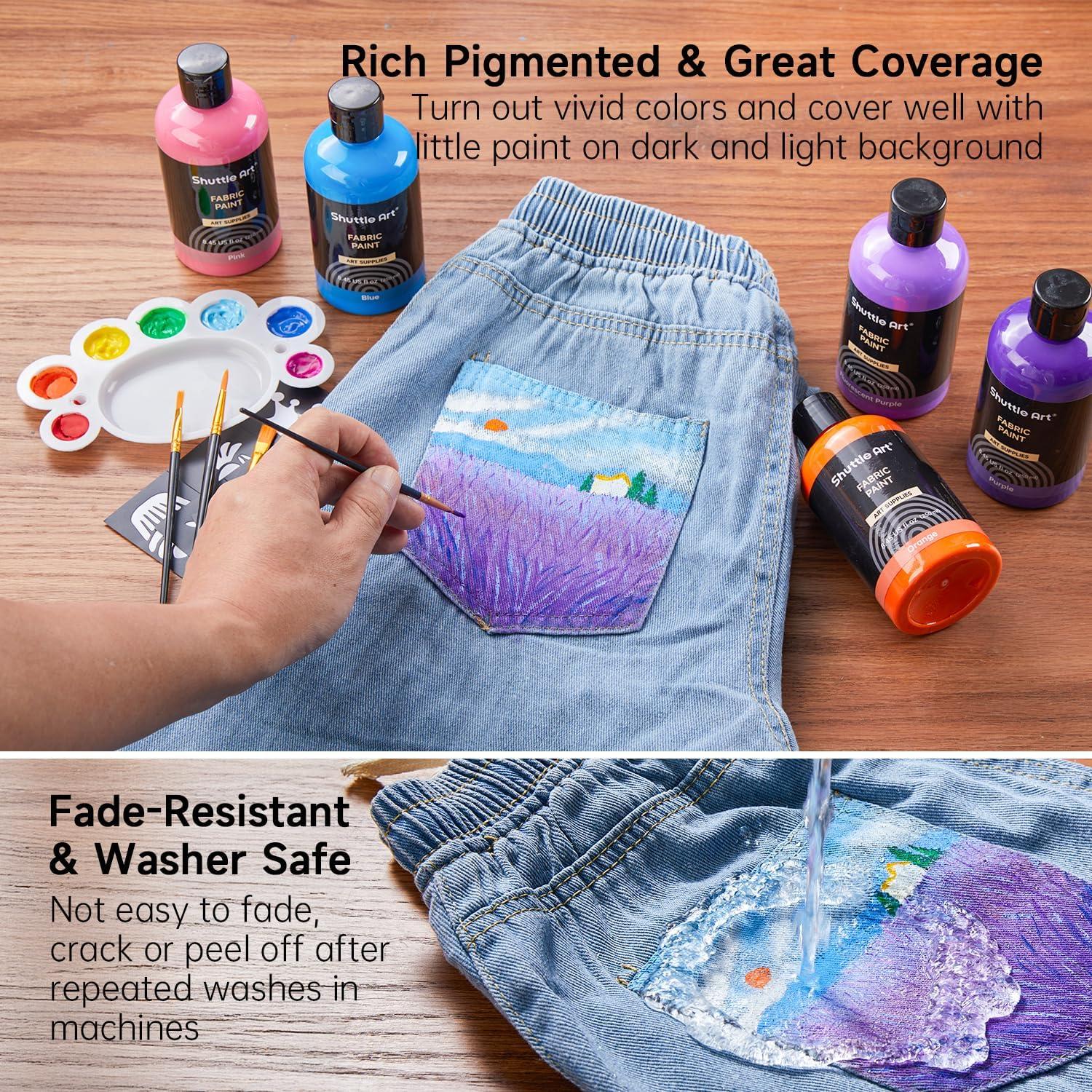 imageShuttle Art 18 Colors Fabric Paint 250ml845oz Permanent Soft Fabric Paint in Bottles with Brushes Palette Stencils NonToxic Textile Paint for TShirts Shoes Jeans Bags DIY ProjectsampampArt