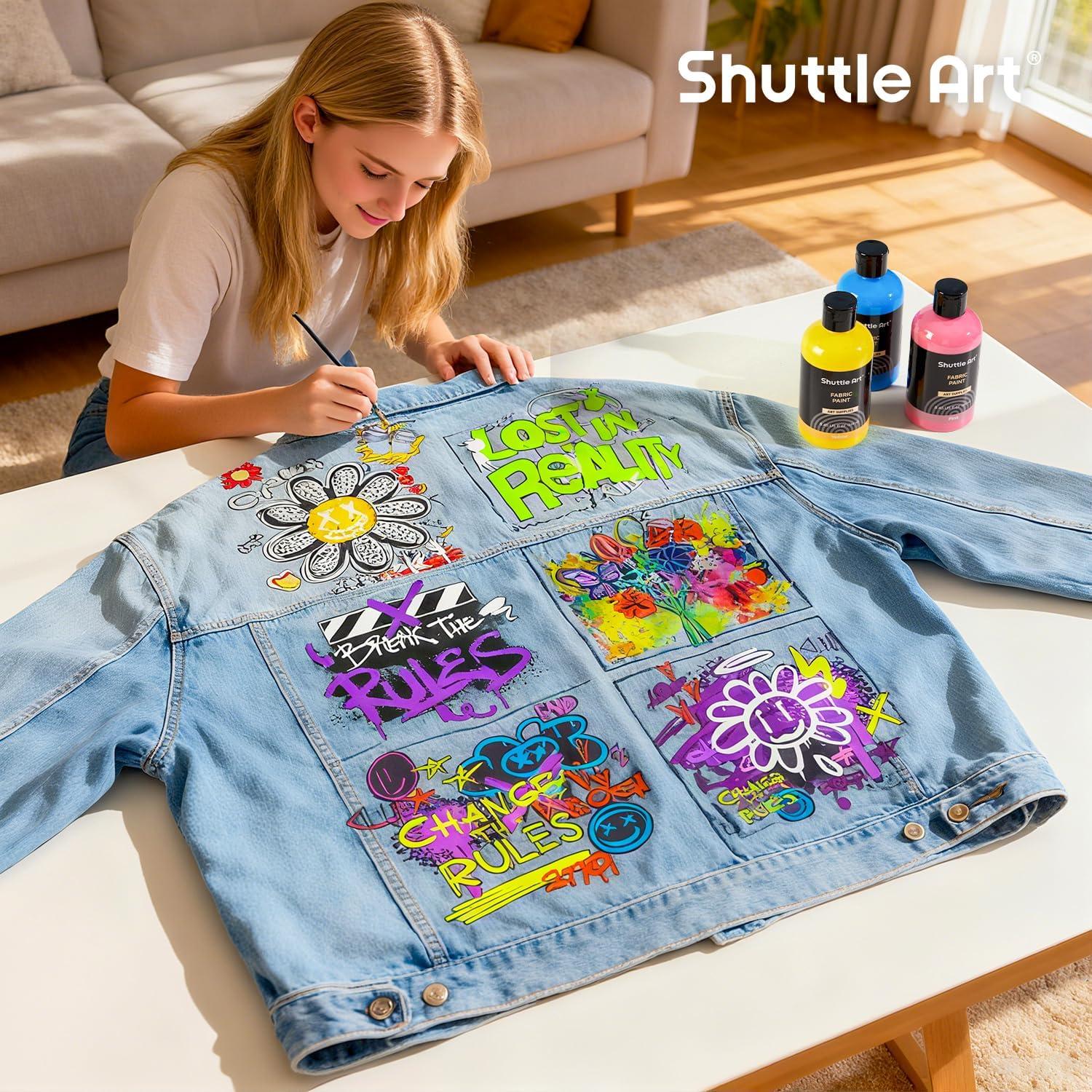 imageShuttle Art 18 Colors Fabric Paint 250ml845oz Permanent Soft Fabric Paint in Bottles with Brushes Palette Stencils NonToxic Textile Paint for TShirts Shoes Jeans Bags DIY ProjectsampampArt