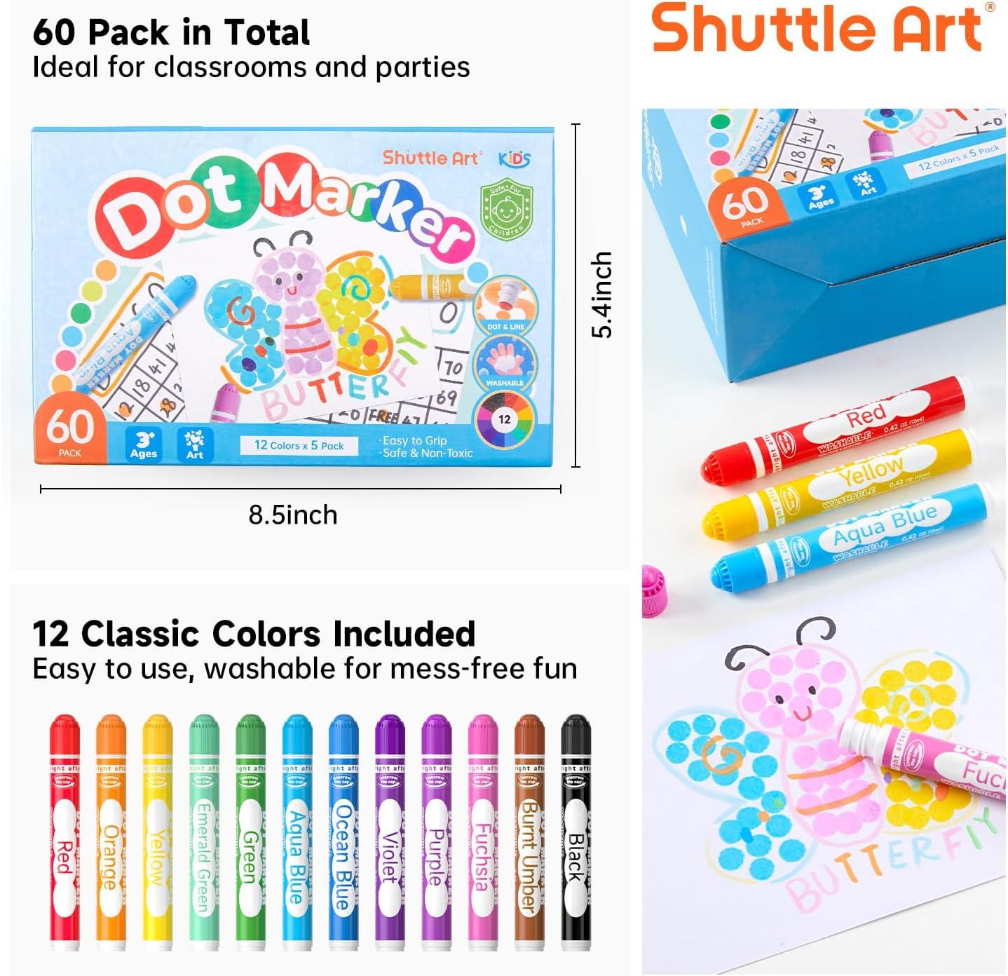imageShuttle Art 60 Pack Dot Markers 12 Colors x 5 Sets Washable Bingo Daubers Fun Art Supplies for Kids and Preschoolers Non Toxic WaterBased