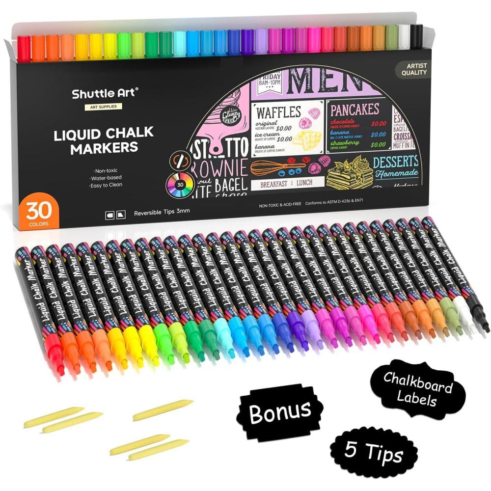 imageShuttle Art Chalk Markers 30 Vibrant Colors Liquid Chalk Markers Pens for Chalkboards Windows Glass Cars Erasable 3mm Reversible Fine Tip with Chalkboard Labels for Office Home Supplies30 Colors
