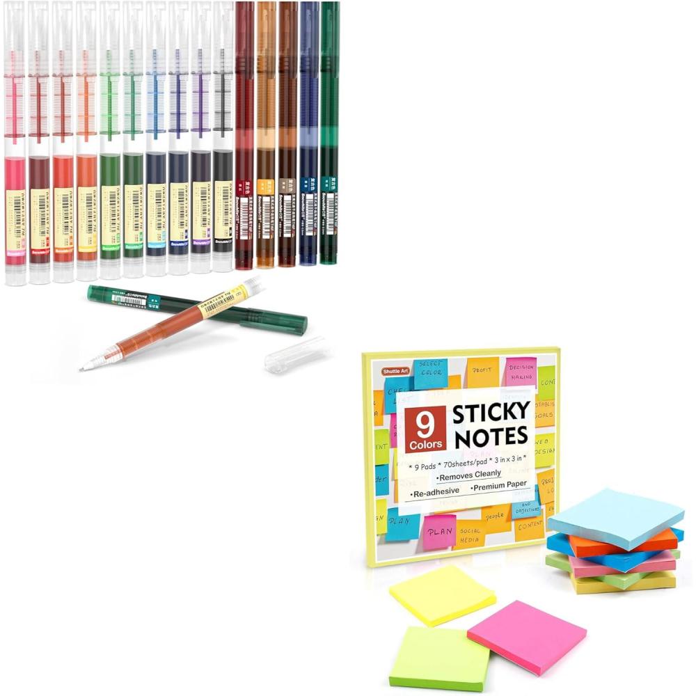 imageShuttle Art School Work ampamp Home Supplies Bundle 15 Colors 10 Bright 5 Vintage 05mm Liquid Ink Rollerball Pens 9 Colors Sticky Notes for Writing Journaling Taking Notes School Office Home