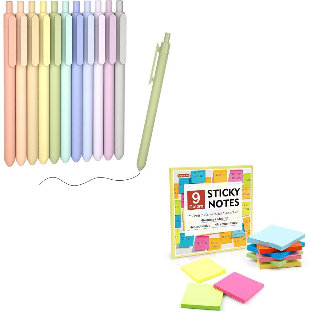 imageShuttle Art School ampamp Work Supplies Bundle 11 Pack Mild Gel Ink Pens Cute Pens in black ink 05mm Tip  9 Bright Colors Sticky Notes for Writing Journaling Taking Notes School Office Home
