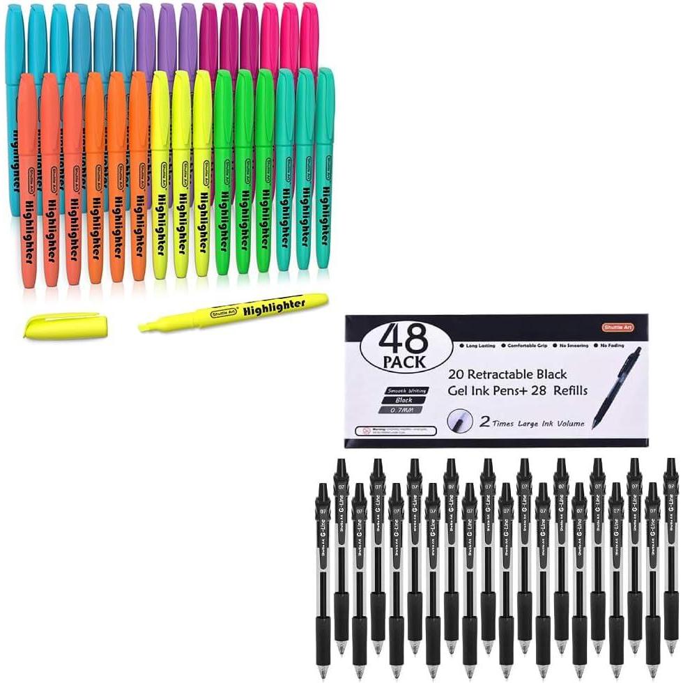 imageShuttle Art School ampamp Work Supplies Bundle 48 Pack Black Retractable Gel Pens  30 Pack Highlighters for Writing Journaling Taking Notes School Office Home