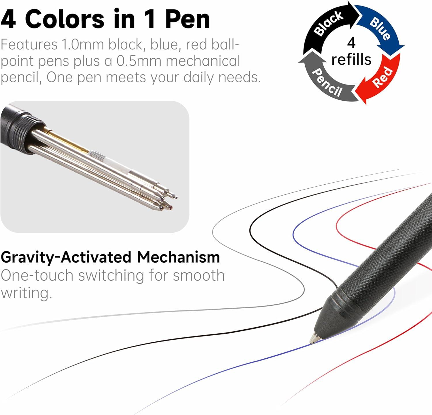 imageShuttle Art 4 in 1 Multicolor Pen 2 Pack Retractable Ballpoint Pens with 10mm Black Blue Red Ink and 05mm Mechanical Pencil Multifunction Pens Gift Set for Writing Note Taking School Office Home