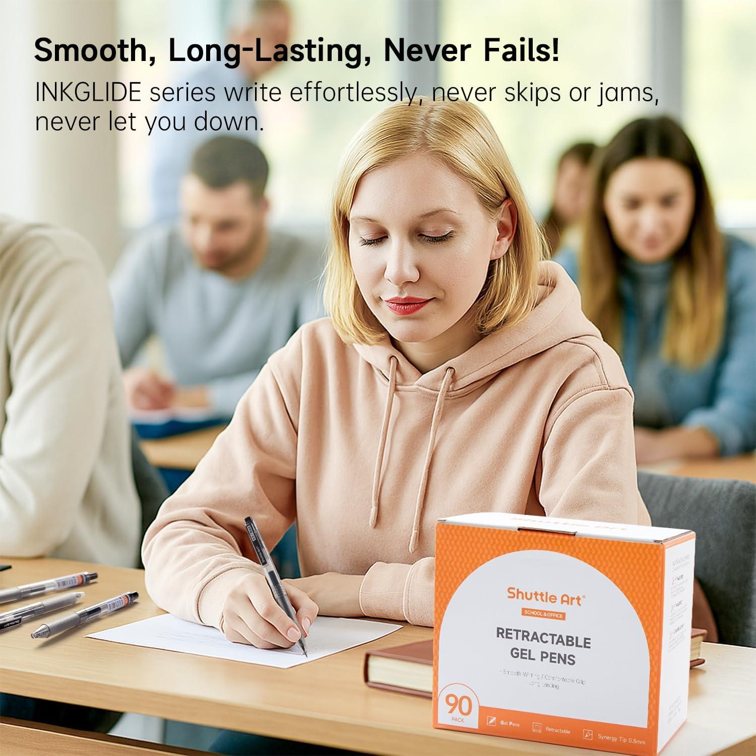 imageShuttle Art Black Gel Pens Ink Glide Series 90 Pack Retractable 05mm Fine Point Rollerball Gel Ink Pens Bulk Set Quick Drying Smooth Writing with Grip for Journaling Note Taking Office School Home90