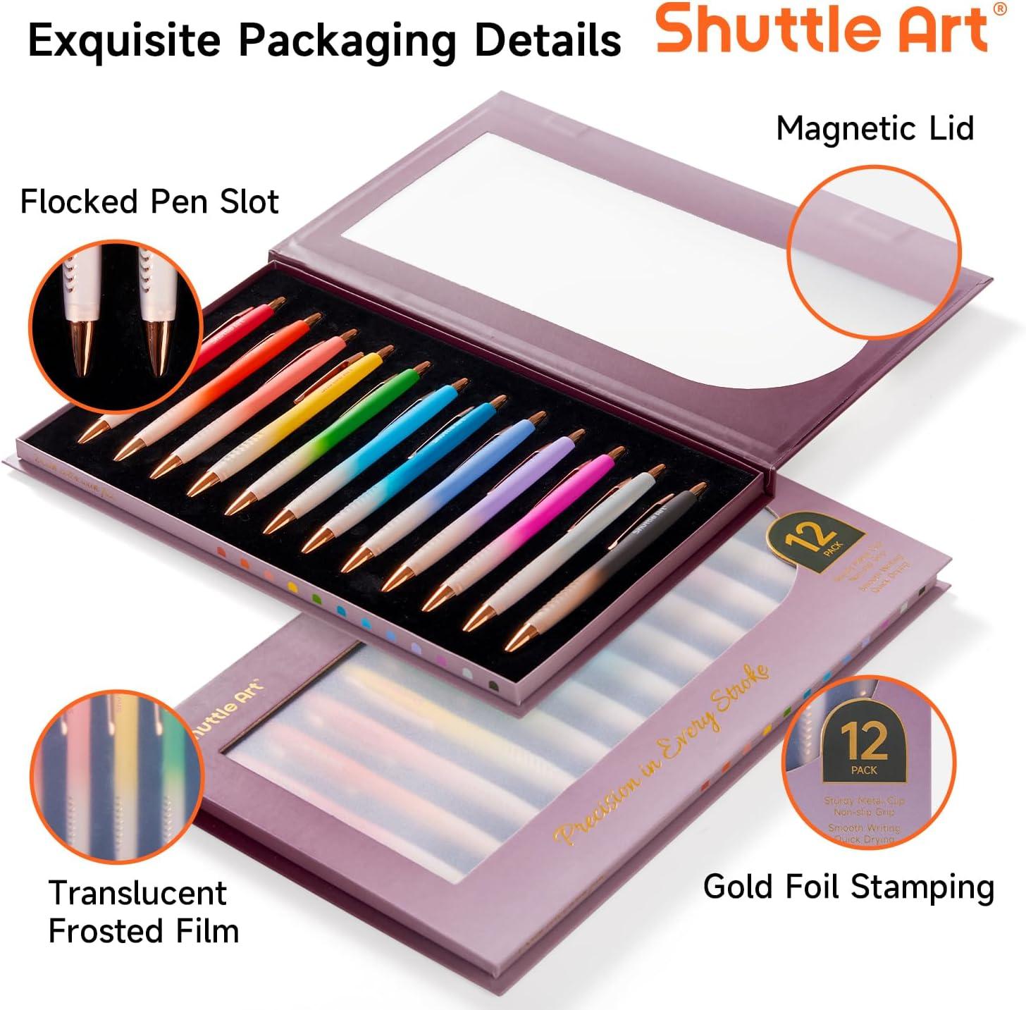 imageShuttle Art Fancy Pens Gift Set 12 Pack Colored Retractable Black Ink Ballpoint Pens Cute Pens 10mm Medium Point Waterproof Elegant Gift Set for Writing Journaling Note Taking School Office Home
