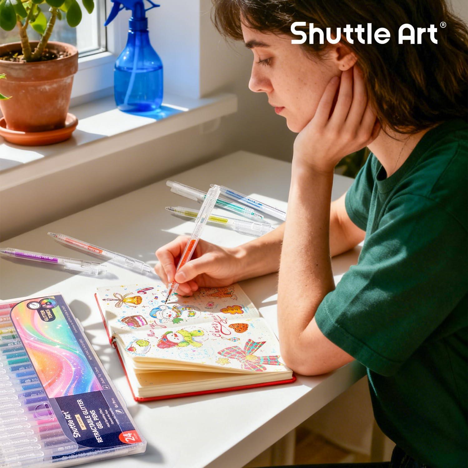 imageShuttle Art Glitter Gel Pens 24 Vibrant Sparkle Retractable Glitter Colored Gel Pens Set 10mm Bold Point Smooth Writing for Adults Coloring Books Drawing Doodling Scrapbooking Journaling