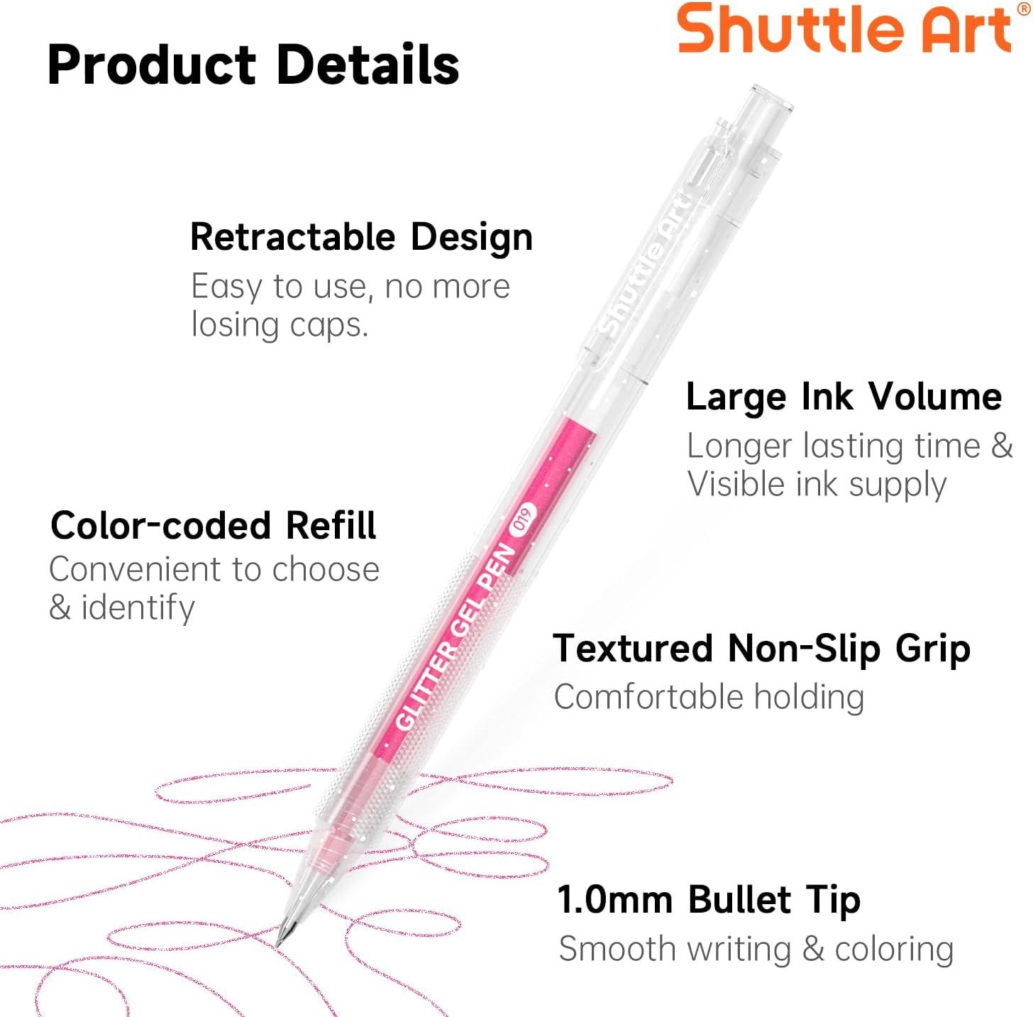 imageShuttle Art Glitter Gel Pens 24 Vibrant Sparkle Retractable Glitter Colored Gel Pens Set 10mm Bold Point Smooth Writing for Adults Coloring Books Drawing Doodling Scrapbooking Journaling