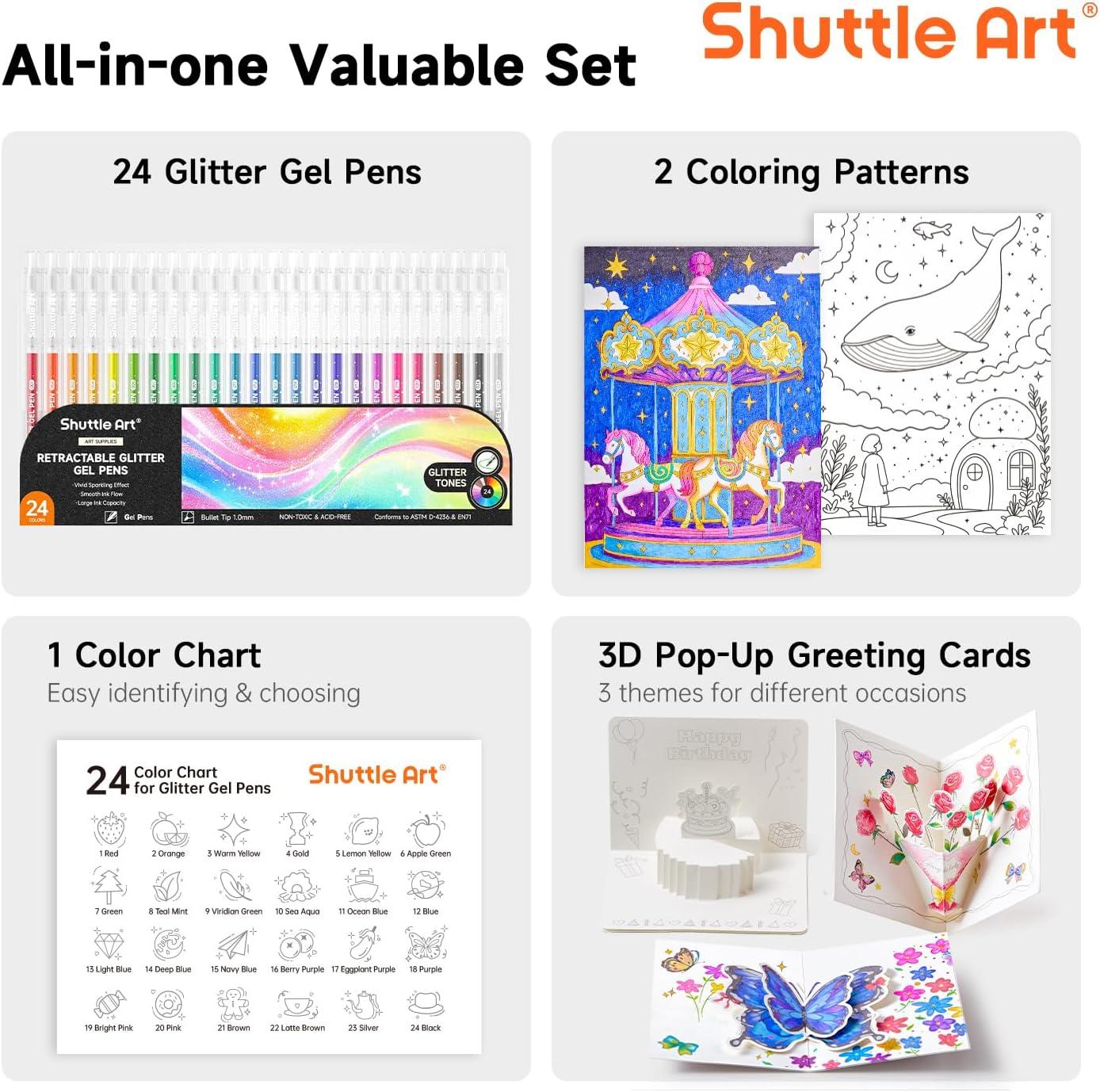 imageShuttle Art Glitter Gel Pens 24 Vibrant Sparkle Retractable Glitter Colored Gel Pens Set 10mm Bold Point Smooth Writing for Adults Coloring Books Drawing Doodling Scrapbooking Journaling