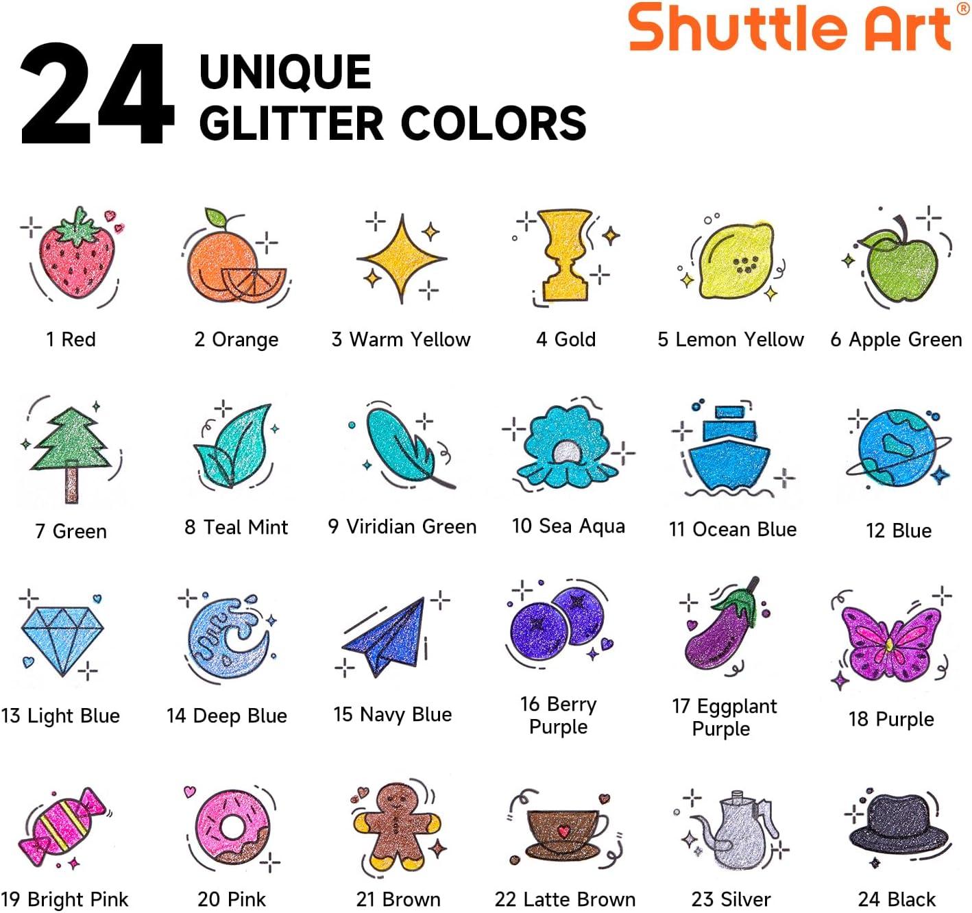 imageShuttle Art Glitter Gel Pens 24 Vibrant Sparkle Retractable Glitter Colored Gel Pens Set 10mm Bold Point Smooth Writing for Adults Coloring Books Drawing Doodling Scrapbooking Journaling