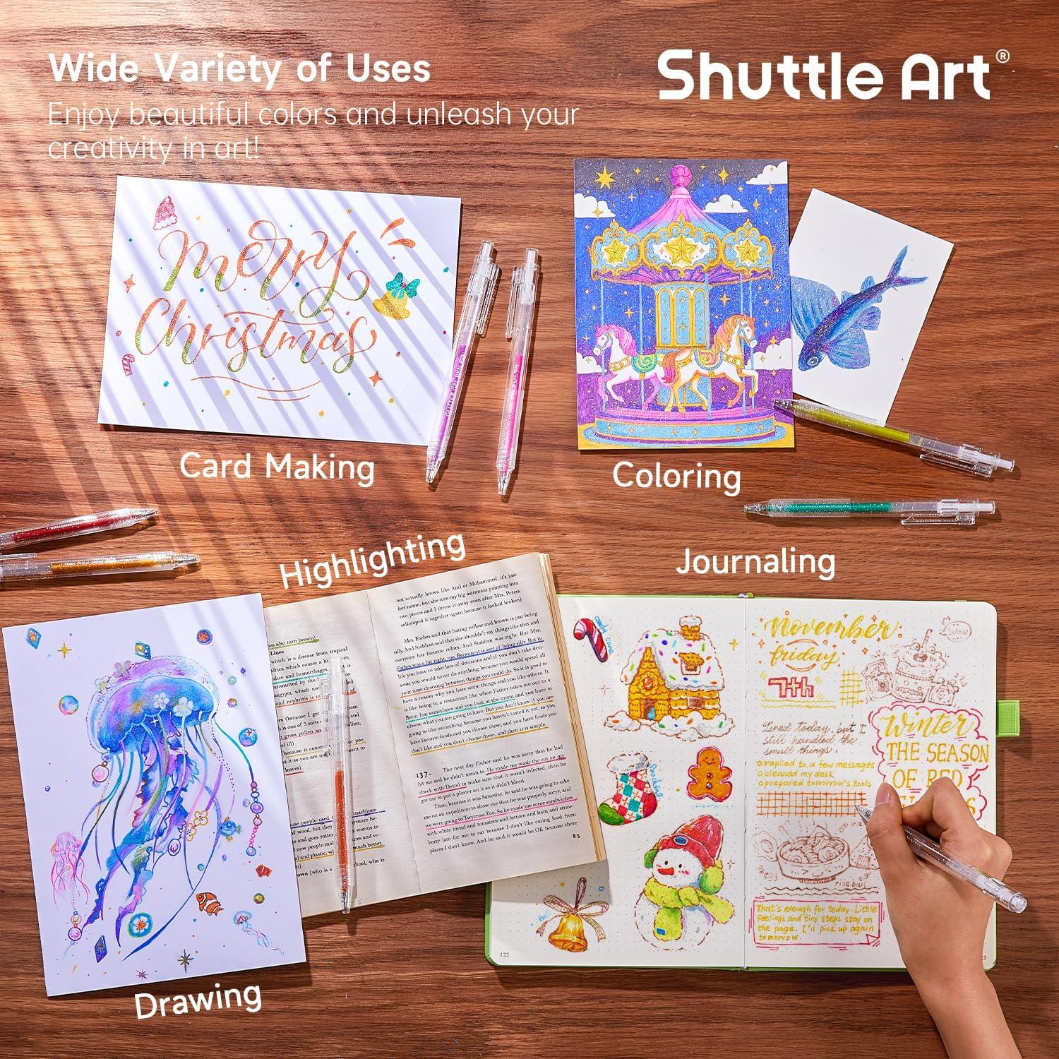 imageShuttle Art Glitter Gel Pens 24 Vibrant Sparkle Retractable Glitter Colored Gel Pens Set 10mm Bold Point Smooth Writing for Adults Coloring Books Drawing Doodling Scrapbooking Journaling