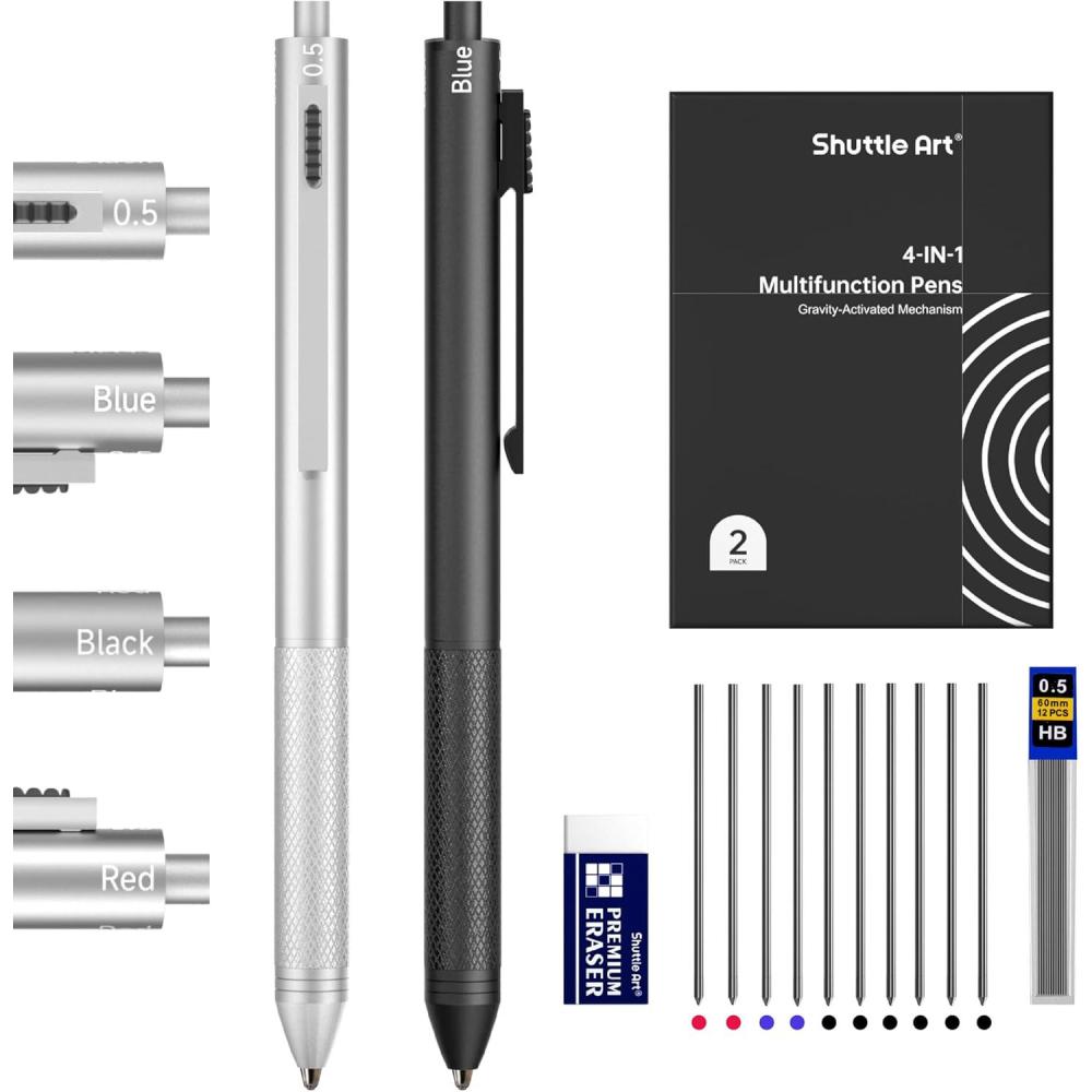 imageShuttle Art 4 in 1 Multicolor Pen 2 Pack Retractable Ballpoint Pens with 10mm Black Blue Red Ink and 05mm Mechanical Pencil Multifunction Pens Gift Set for Writing Note Taking School Office Home