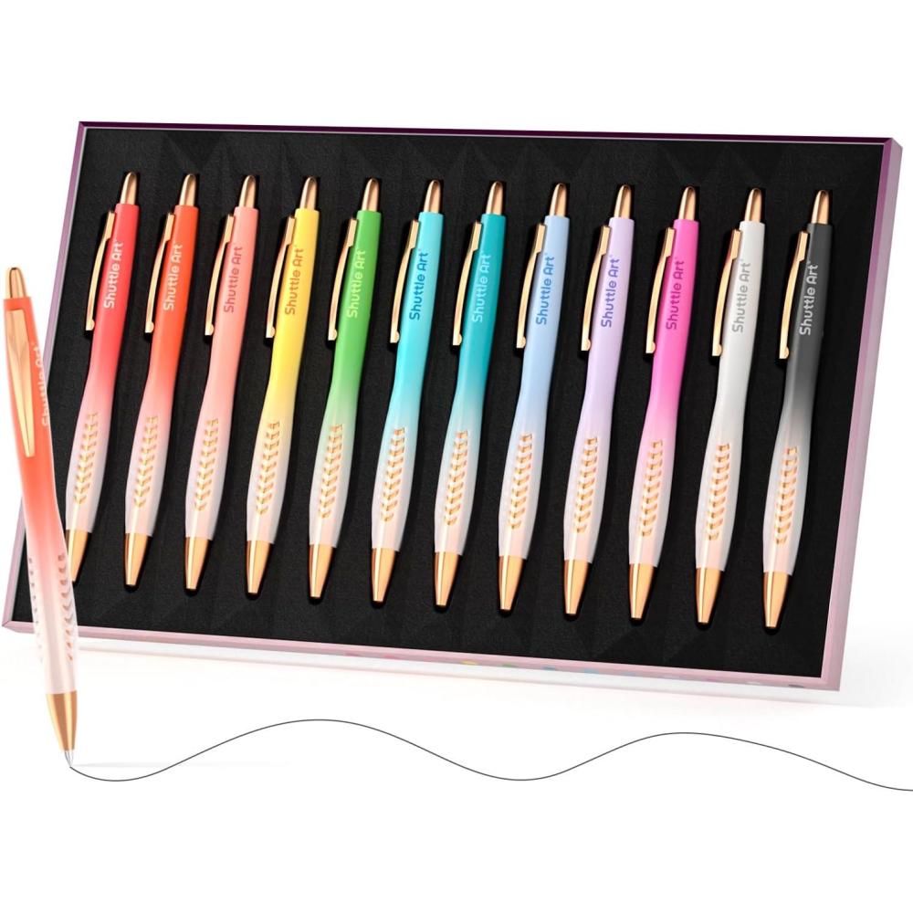 imageShuttle Art Fancy Pens Gift Set 12 Pack Colored Retractable Black Ink Ballpoint Pens Cute Pens 10mm Medium Point Waterproof Elegant Gift Set for Writing Journaling Note Taking School Office Home