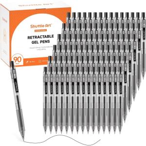 Shuttle Art Black Gel Pens, Ink Glide Series 90 Pack Retractable 0.5mm Fine Point Rollerball Gel Ink Pens Bulk Set Quick Drying Smooth Writing with Grip for Journaling Note Taking Office School Home(90)