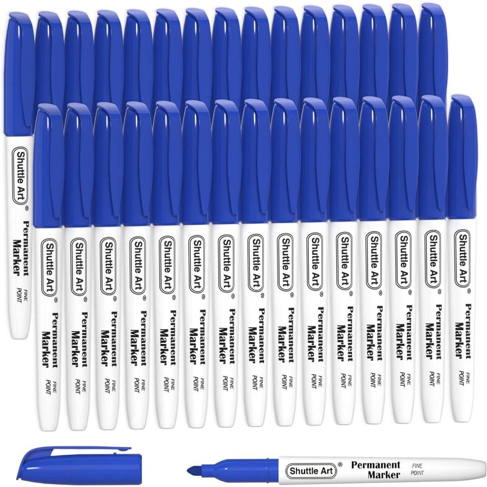 imageShuttle Art Permanent Markers 30 Pack Blue Permanent Marker setFine Point Works on PlasticWoodStoneMetal and Glass for Doodling Marking