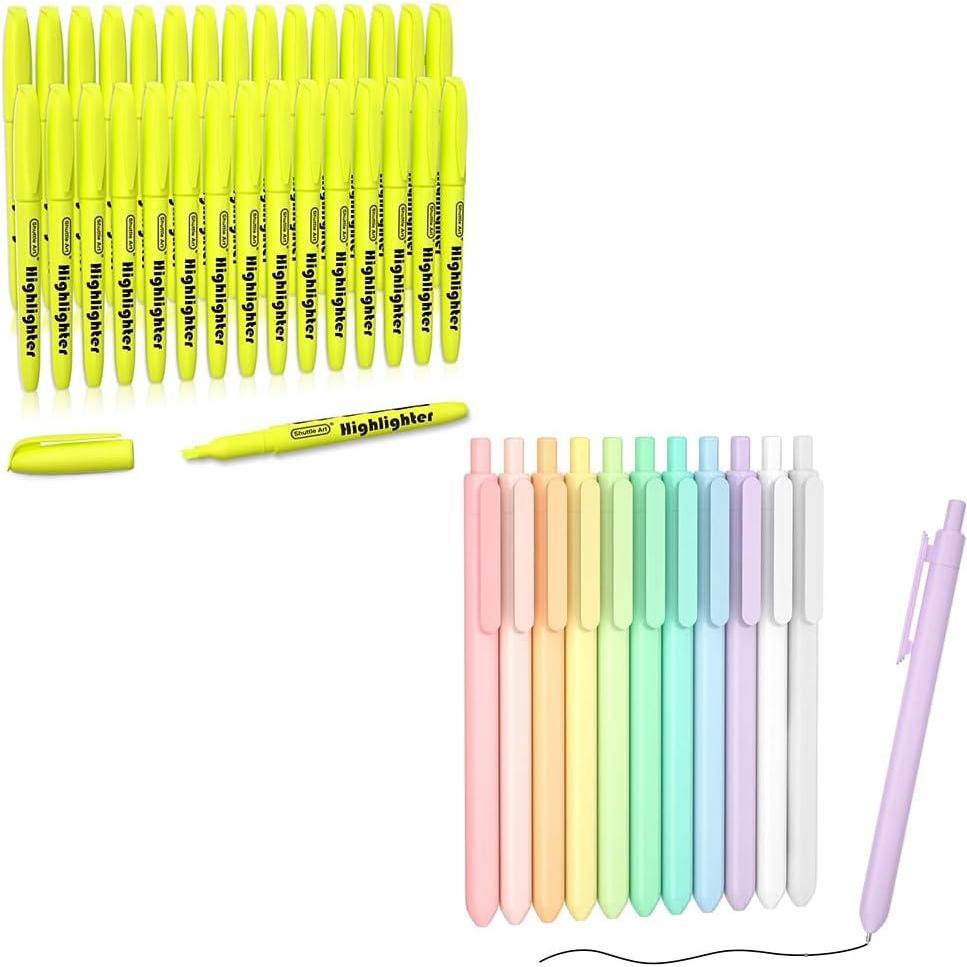 imageShuttle Art School ampamp Work Supplies Bundle 11 Pack Pastel Gel Ink Pens in black ink 05mm Tip  30 Pack Yellow Chisel Tip Highlighters for Writing Journaling Taking Notes School Office