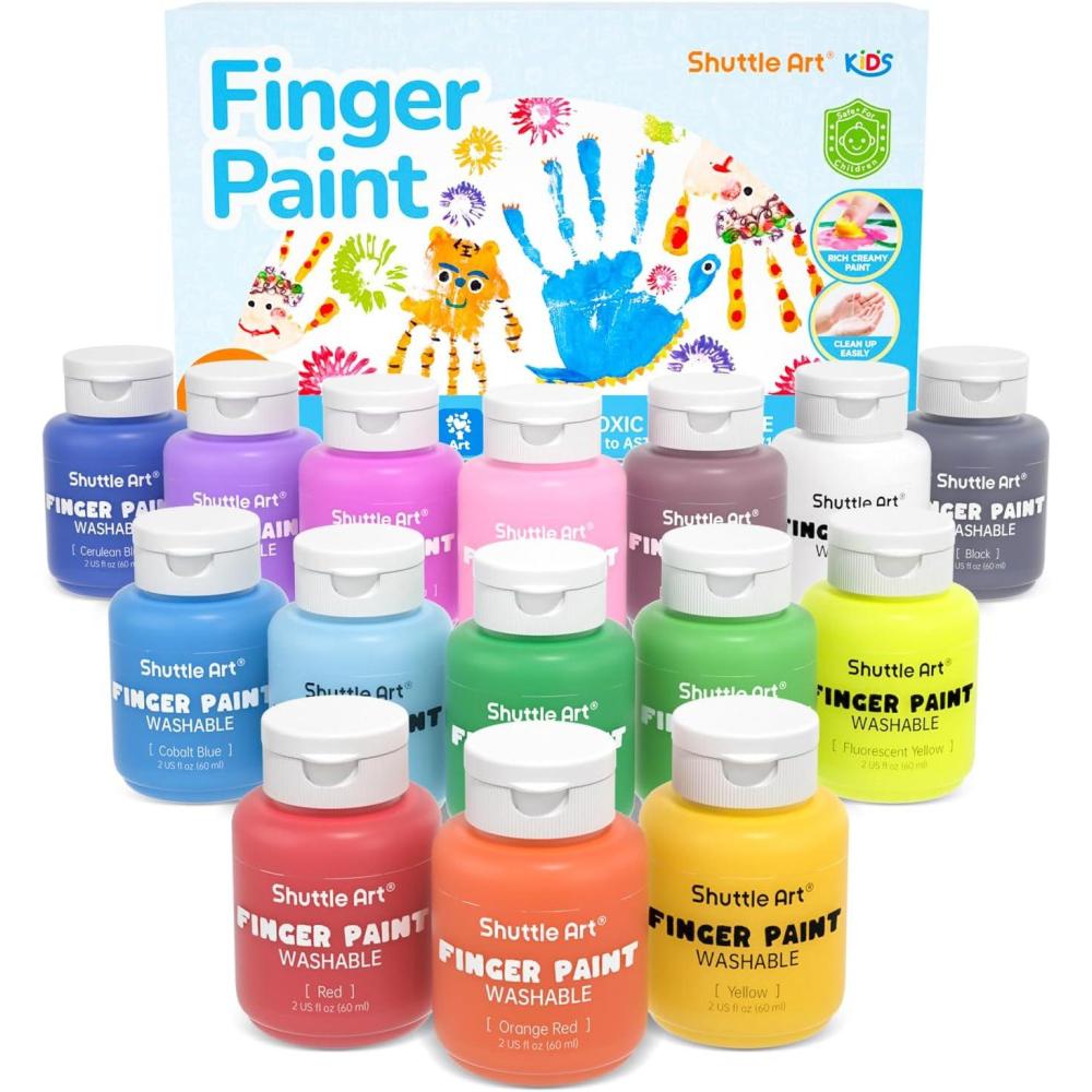 imageShuttle Art Washable Finger Paint Set 15 Colors 2 fl oz Toddler Paint NonToxic Finger Painting for Toddlers Kids Arts and Crafts