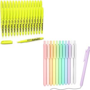 Shuttle Art School & Work Supplies Bundle, 11 Pack Pastel Gel Ink Pens in black ink, 0.5mm Tip + 30 Pack Yellow Chisel Tip Highlighters for Writing Journaling Taking Notes School Office