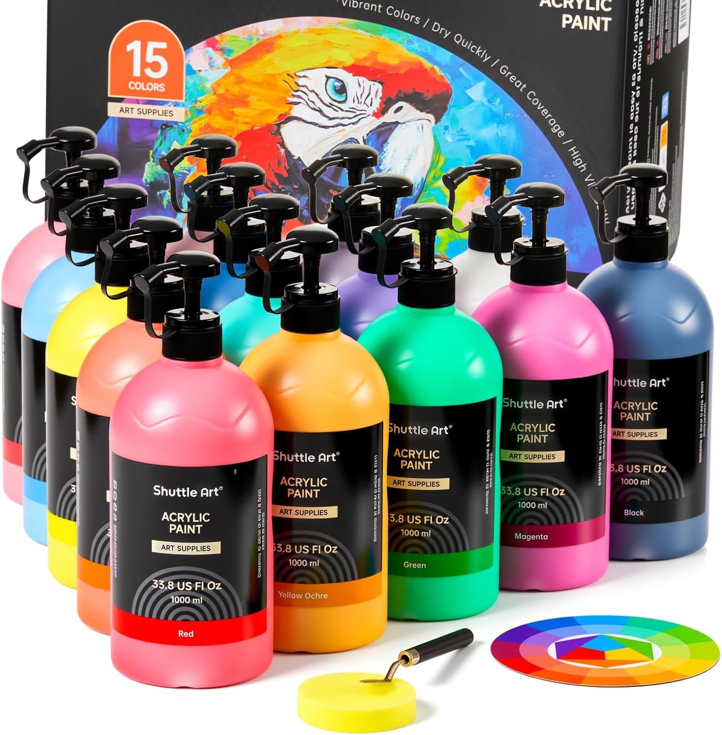 imageShuttle Art Titanium White Acrylic Paint 338oz1000ml Large Capacity Pump Bottle with Cover Fast Drying NonToxic High Coverage Titanium White Paint for Kids Artists Students ampamp DIY CraftsAssorted
