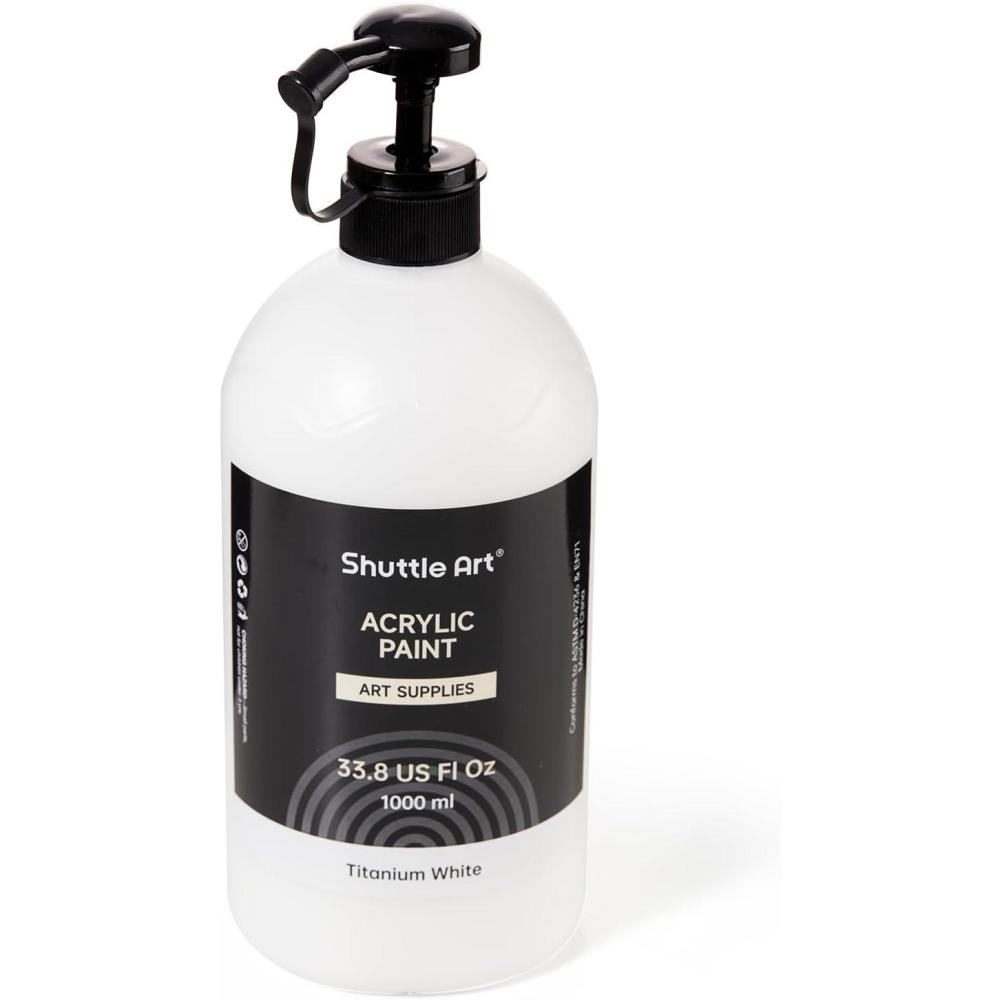 imageShuttle Art Titanium White Acrylic Paint 338oz1000ml Large Capacity Pump Bottle with Cover Fast Drying NonToxic High Coverage Titanium White Paint for Kids Artists Students ampamp DIY CraftsWhite