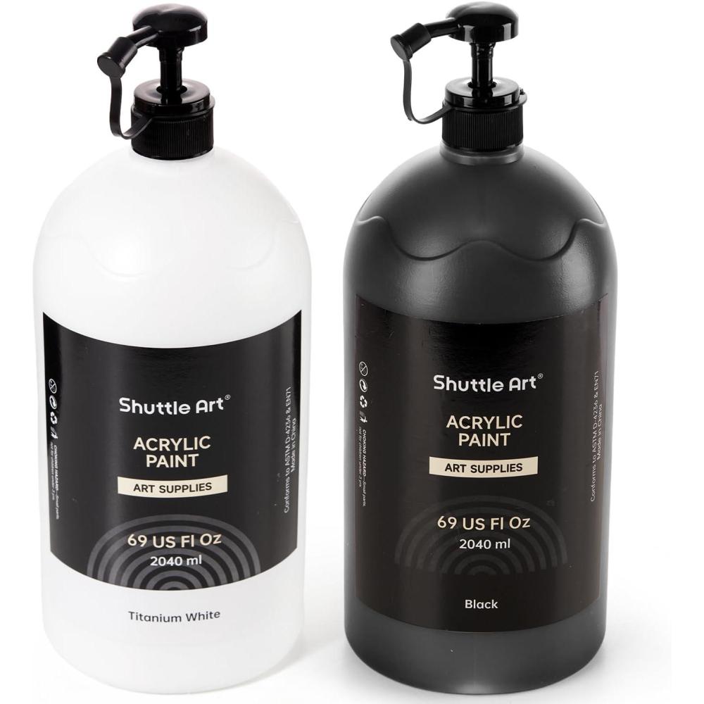 imageShuttle Art Titanium White ampamp Black Acrylic Paint Set 269oz2040ml Large Capacity Pump Bottles with Covers High Coverage Fast Drying NonToxic Art Paint for Artists Students Kids ampamp DIY Crafts