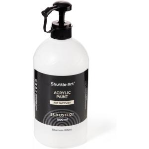 Shuttle Art Titanium White Acrylic Paint, 33.8oz/1000ml Large Capacity Pump Bottle with Cover, Fast Drying Non-Toxic, High Coverage Titanium White Paint for Kids, Artists, Students & DIY Crafts(White)