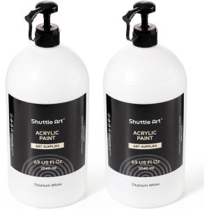 Shuttle Art Titanium White Acrylic Paint Set, 2×69oz/2040ml Large Capacity Pump Bottles with Covers, High Coverage, Fast Drying Non-Toxic Art Paint for Artists, Students, Kids & Multi-Surface