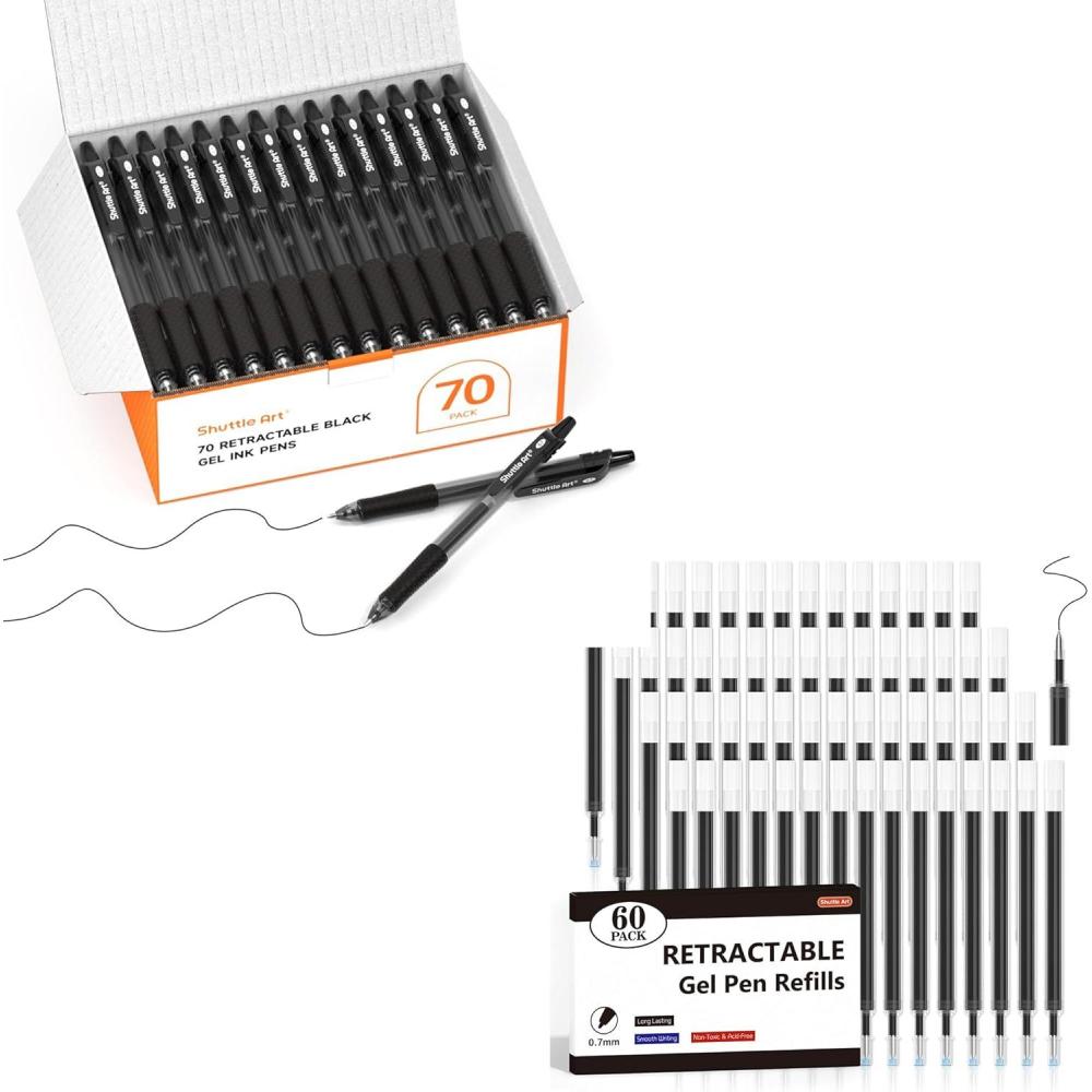 imageShuttle Art School ampamp Work Supplies Bundle 70 Pack Black Retractable Gel Pens 60 Pack Black Retractable Gel Pen Refills 07mm Fine Point for Writing Journaling Taking Notes School Office Home