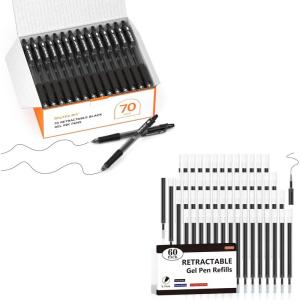 Shuttle Art School & Work Supplies Bundle, 70 Pack Black Retractable Gel Pens + 60 Pack Black Retractable Gel Pen Refills 0.7mm Fine Point for Writing Journaling Taking Notes School Office Home