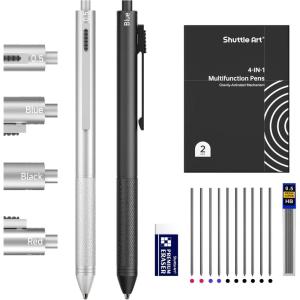 Shuttle Art 4 in 1 Multicolor Pen, 2 Pack Retractable Ballpoint Pens with 1.0mm Black Blue Red Ink and 0.5mm Mechanical Pencil, Multifunction Pens Fresh Style Gift Set for Writing School Office Home(Sleek Style)