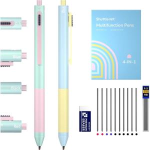 Shuttle Art 4 in 1 Multicolor Pen, 2 Pack Retractable Ballpoint Pens with 1.0mm Black Blue Red Ink and 0.5mm Mechanical Pencil, Multifunction Pens Fresh Style Gift Set for Writing School Office Home(Fresh Style)