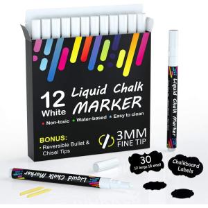 Shuttle Art Chalk Markers, 12 White Liquid Chalk Markers Pens for Blackboards, Windows, Glass, Cars, Water-based, Erasable, 3mm Reversible Fine Tip with Chalkboard Labels for Office Home Supplies