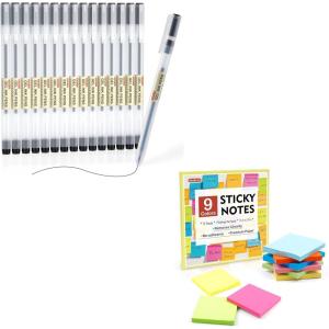 Shuttle Art School & Work Supplies Bundle, 15 Pack Black Japanese Style Pens + 9 Bright Colors Sticky Notes for Writing Journaling Taking Notes School Office Home