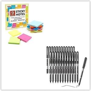Shuttle Art School & Work Supplies Bundle,9 Bright Colors Sticky Notes + 25 Pack Black 0.5mm Fine Point Roller Ball Pens