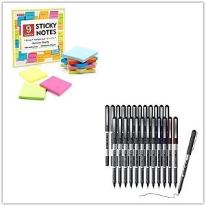 Shuttle Art School & Work Supplies Bundle,9 Bright Colors Sticky Notes +25 Pack(21 Black 2 Blue 2 red) 0.5mm Fine Point Roller Ball Pens