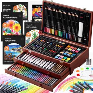 Shuttle Art 149 Piece Deluxe Art Set, Art Supplies in Wooden Case, Painting Drawing Art Kit with Crayons Colored Pencils Oil Pastels Coloring Book Sketch Pad for Kids Adults(Cherry)