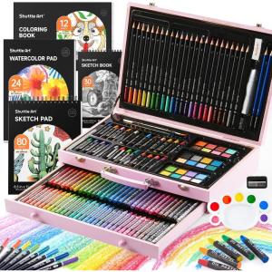 Shuttle Art 149 Piece Deluxe Art Set, Art Supplies in Wooden Case, Painting Drawing Art Kit with Crayons Colored Pencils Oil Pastels Coloring Book Sketch Pad for Kids Adults(Pink)