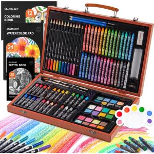 Shuttle Art 149 Piece Deluxe Art Set, Art Supplies in Wooden Case, Painting Drawing Art Kit with Crayons Colored Pencils Oil Pastels Coloring Book Sketch Pad for Kids Adults(Brown)