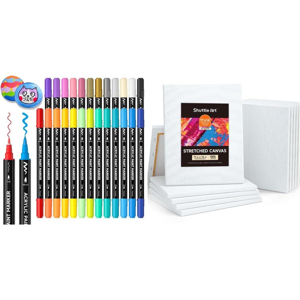 image:imageShuttle Art Acrylic Paint Markers and Stretched Canvas Set 25 Colors Dual Tip Acrylic Paint Markers 12 PCS Stretched Canvas Set