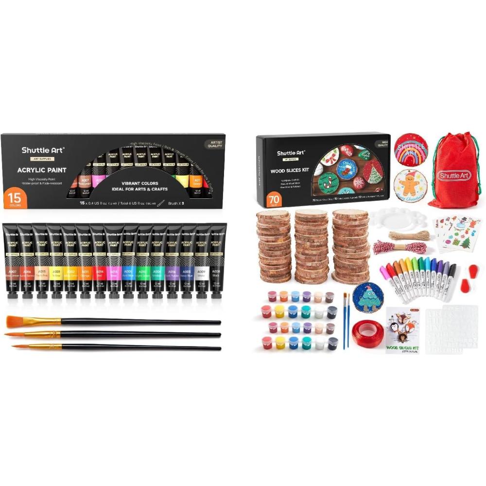 image:imageShuttle Art Acrylic Paint Set and Wood Slices Kit Bundle Set of 15 Colors Acrylic Paint Set with 3 paint brushes 70 PCS Wood Slices Kit